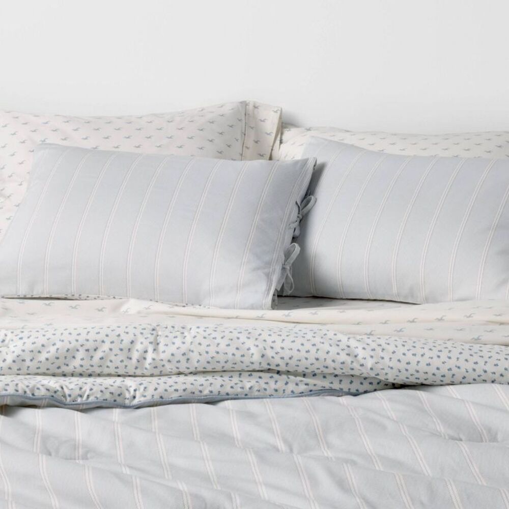 Full/Queen Reversible Percale Comforter Set Blue Stripe - The Hollister